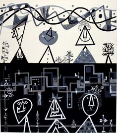 a black and white painting with abstract shapes