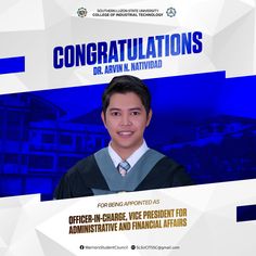 a young man wearing a graduation cap and gown in front of a blue background with the words congratulationss written on it