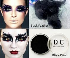 Black Swan makeup materials including 1 black face paint, black feathers to decorate the design, and glue. The whole set is suitable for cosplay, stage performance or your DnD etc . Easy to use, easy to apply for new beginners.  How to use: 1. Normal daily makeup including eyes makeup to emphasize your eyes. 2. Paint black feathers with black face paint around the eyes and face as the photo showed. 3. Stick black feathers on each side of eyes, or whatever positions that you want to decorate your Black Swan Makeup, Swan Makeup, Bird Makeup, Feather Eyelashes, Black Face Paint, Black Swan Costume, Makeup Materials, Kids Face Paint, Paint Black