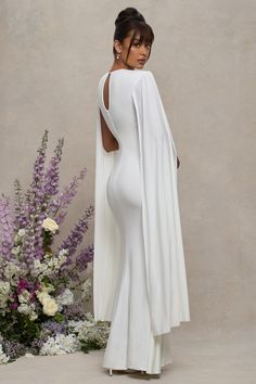 Divine Timing White Maternity Maxi Dress With Cape Sleeves – Club L London - USA White Maternity Maxi Dress, Dress With Cape Sleeves, Perfect Dinner Party, Dress With Cape, Long Cape, Sleek Bun, Maternity Maxi Dress, Perfect Dinner, Divine Timing