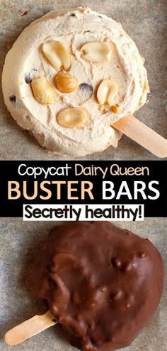 two different types of desserts with text overlay that reads copycat dairy queen buster bars secretly healthy