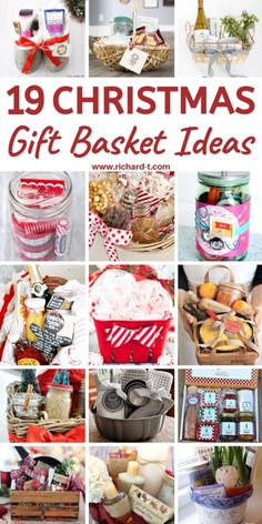 christmas gift baskets with the words 19 christmas gifts in red and white, including cookies