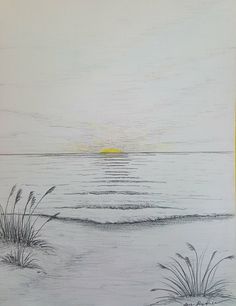 a pencil drawing of the sun setting over the ocean with sea oats in the foreground