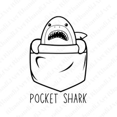 a pocket shark with its mouth open and the words pocket shark written in black ink