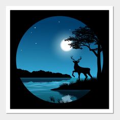 the silhouette of a deer standing in front of a lake under a full moon