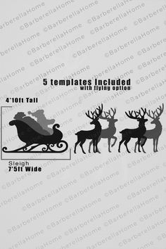 the silhouettes of reindeer and sleigh are shown in black on white paper