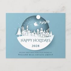 a happy holiday card with santa on his sleigh in the sky and trees