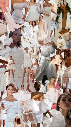 the collage shows many different types of women in white dresses and gowns, all with