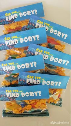 five candy bags with the words find dory? and an image of fish on them