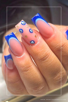 Evil Eye Nails Simple Nail Designs Evil Eye, Blue Or Pink Nails, Holiday Nails Turkey, Funky Nails 2024, Square Evil Eye Nails, Turkey Eye Nails, Square Nails Evil Eye, Nails Blue Evil Eye, Evil Eye Nails Square