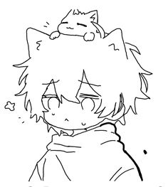 a black and white drawing of an anime character with a cat on his head,