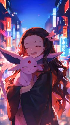 a woman holding a rabbit in the middle of a city with neon lights behind her