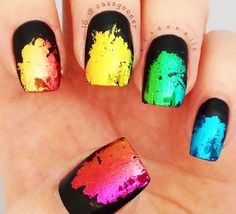 Matte French Manicure | rainbow foil on black matte nails » Favnails Matte Black Nails, Colorful Nail Art, Colorful Nail, Get Nails, Rainbow Nails, I Love Nails, Foil Nails, Nail Art Summer, Cute Nail Designs