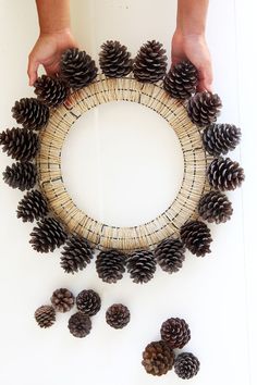 pine cones are arranged around a woven wreath