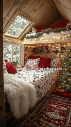 a bedroom decorated for christmas with lights on the ceiling and a tree in the corner