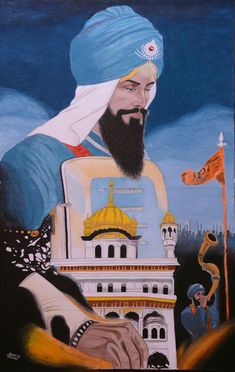 a painting of a man with a blue turban on his head holding a flag