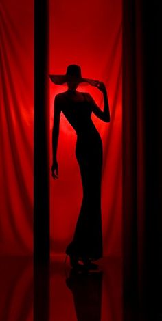 a woman standing in front of a red curtain wearing a long black dress and hat