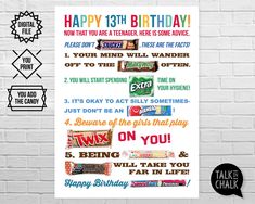 a birthday card with the words happy 13th birthday and some candy bar images on it