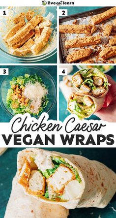 chicken caesar vegan wraps collage with text overlay and images above the image