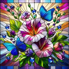 a stained glass window with flowers and butterflies