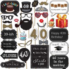 black and gold birthday photo booth props for forty years old man or woman - set of 20