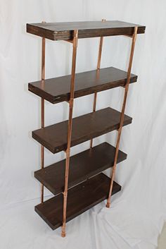 a wooden shelf with three shelves on each side