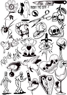 a bunch of cartoon characters with different faces and body parts in black and white ink