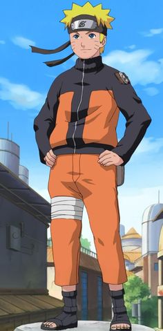 a man in an orange and black outfit standing with his hands on his hipss