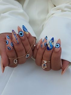 Guatemalan Nail Art, Evil Eye Nails Design Art Ideas, Easy Long Nail Designs, Croatia Nails Ideas, Third Eye Nail Art, Solar System Nails, Bartender Nails, Ojo Turco Nails, Nails With Decals