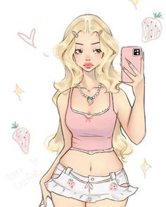 a drawing of a girl with blonde hair holding a cell phone in her right hand