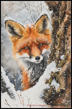 a painting of a fox looking out from behind a tree in the snow with it's eyes open