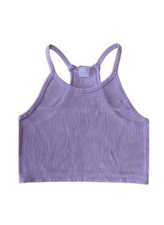 Everyone needs at least one of these go to Thick Rib Essential Racerback Halter Crop Cami's. They are a One Size Fits All One size fits S-XL Perfect tank to dress up or down Fabric: 92% nylon 8% spandex Fitted Purple Seamless Crop Top, Ribbed Crop Top For Gym In Spring, Spring Ribbed Crop Top For Gym, Sleeveless Seamless Tops For Loungewear, Purple Stretch Racerback Tank Top, Fitted Ribbed Tops For Gym, Ribbed Fitted Gym Top, Summer Sports Ribbed Crop Top, Stretch Purple Ribbed Tops