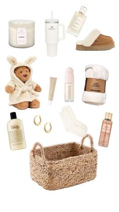 an assortment of personal care items arranged in the shape of a bunny on a white background