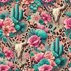 an animal skull and cactus flowers on a leopard print background with pink, blue, green, and white flowers