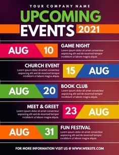 an event poster with colorful stripes and numbers on it, including the dates for upcoming events