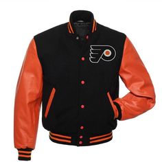 Philadelphia Flyers Black and Red Varsity Jacket - NHL Varsity Jacket Leather Varsity Jacket Features: leather varsity jacket that doesn't comply with anyone else's fashion. A varsity jacket that gives you comfort, style, and affordability in price. Undoubtedly this look of this classic varsity jacket is getting to be widespread in high school teams and senior classes of 2021-2020 students, baseball teams, football teams, cheerleaders, men and women. Indeed the look and feel of this varsity jack Winter Team Spirit Fan Gear Outerwear, Winter Varsity Jacket For Fan Gear, Winter Varsity Jacket For Fan Gear With Team Spirit, Winter Varsity Jacket For Team Spirit, Urban Style Outerwear For Game Day In Fall, Team-colored Outerwear For Game Day In Winter, Urban Outerwear For Game Day In Fall, Black Outerwear For Game Day, Black Long Sleeve Outerwear For Game Day