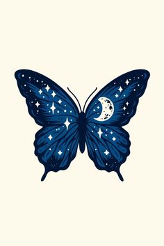 a blue butterfly with stars and moon on it's wings