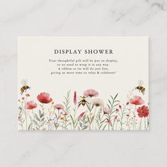 a card that says, display shower with pink flowers and bees on the bottom right corner