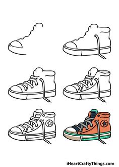 four pairs of shoes are shown in black and white, including one with an orange shoelace