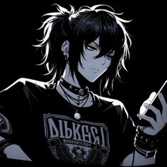 an anime character with black hair and piercings holding a cell phone in his hand