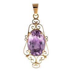 This is part of Chairish’s Fine Jewelry assortment.  Pendant in 18 karat rose gold.  Charming antique jewel, the mounting is made of gold threads forming arabesques.  In the center a splendid and important amethyst is set.  Amethyst weight: approximately 16.5 carats.  Total height: 5.1 cm, width at widest: 2.2 cm.  Total weight of the jewel: about 6.8 g.  Sold alone without the presentation chain.  Antique jewel - French work from the second half of the 19th century, the beliere is later.  Our opinion: The amethyst is absolutely sublime.  In a perfect purple hue, it presents a precise and delicate faceting of its breech which also allows the breech pendant to be worn forwards so it is well cut.  This item has been used and may have some minor flaws. Before purchasing, please refer to the i Wardrobe Interior, Vintage Pendant Necklace, Amethyst Necklace Pendant, Rose Gold Pendant, Flower Pendant Necklace, Amethyst Jewelry, Star Jewelry, Statement Pendant, Gemstone Necklace Pendant