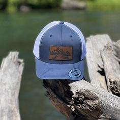 Enjoy This New Trucker Hat, With A Leather Patch Of The Cascade Mountains. Outdoor Brimmed Trucker Hat, Outdoor Trucker Hat With Brim, Blue Curved Brim Hat For Hiking, Blue Snapback Hat For Hiking, Casual Blue Hat For Hiking, Blue Curved Brim Hat For Camping, Casual Blue Hats For Camping, Casual Blue Hat For Camping, Cascade Mountains