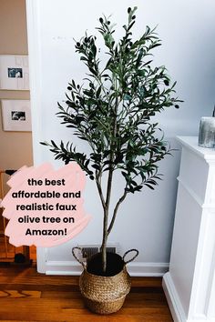 an olive tree in a woven basket with the words, the best affordable and realistic faux olive tree on amazon