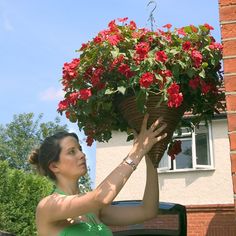 a woman in a green dress is holding a basket with red flowers on the roof