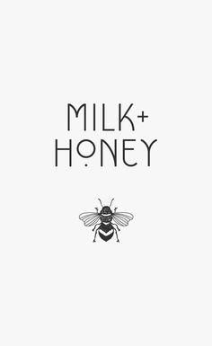 a black and white image of a bee with the words milk + honey on it