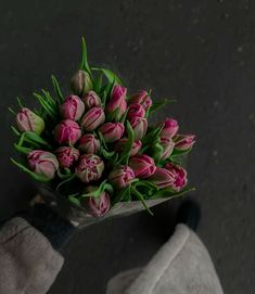 a person holding a bouquet of pink tulips