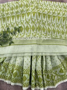 *A Handloom beauty. Dhakai Jamdani light green saree with zari highlights. *Fall attached. Note: Minor imperfections in weaving are inherent to handloom fabric, and are not defects. Dry Clean Only Light Green Saree, Light Pastel Green, Handloom Fabric, Saree Design, Jamdani Saree, Green Saree, Pastel Green, Red Floral, Saree Designs