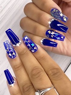 Royal Blue Nails Designs, Blue Coffin Nails, Blue Gel Nails, Royal Blue Nails, Blue Glitter Nails, Blue Nail Designs