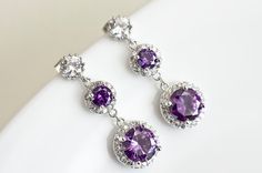 Purple Amethyst Earrings, Cubic Zirconia  Earrings, Bridesmaids Earrings, Purple and White  Round Dr Elegant Purple Cubic Zirconia Crystal Earrings, Elegant Purple Crystal Earrings, Purple Cubic Zirconia Earrings For Party, Purple Cubic Zirconia Party Earrings, Purple Cubic Zirconia Earrings For Wedding, Elegant Purple Wedding Earrings, Formal Purple Bridal Earrings, Purple Drop Earrings For Wedding, Future Jewelry