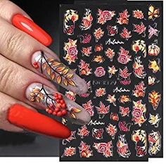 5D Fall Nail Stickers, Maple Leaves Nail Decals Embossed Autumn Nail Art Supplies Pumpkin Butterfly Rose Maple Leaf Nail Design Self Adhesive Nail Accessories Thanksgiving Day Nail Decoration 3 Pcs Leaf Nail Design, Thanksgiving Manicures, Thanksgiving Nail Designs, Fall Nail Trends, Fall Nail Art Designs, Nail Stickers Decals, Fake Nails With Glue